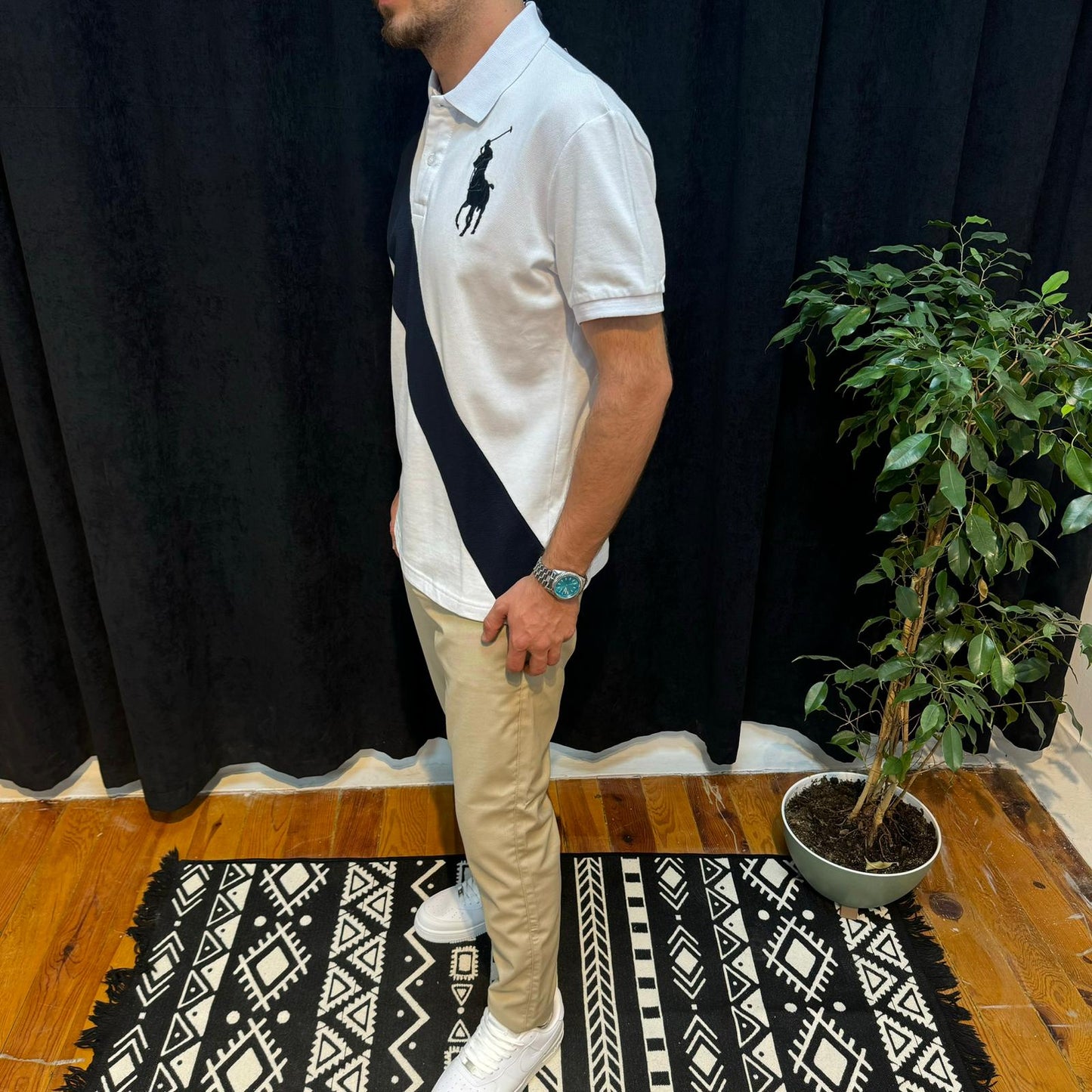 Polo Yaka Tişört Lacivert Detaylı Beyaz