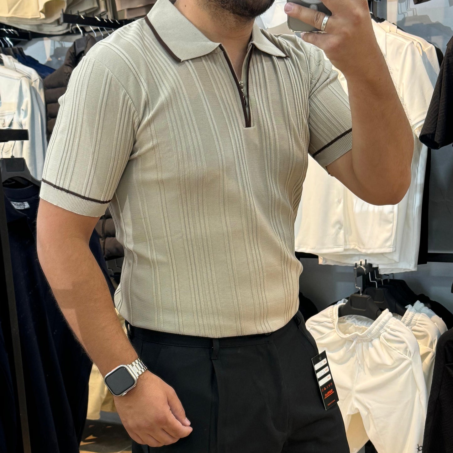 Kahve Detay Yakalı Triko Tişört