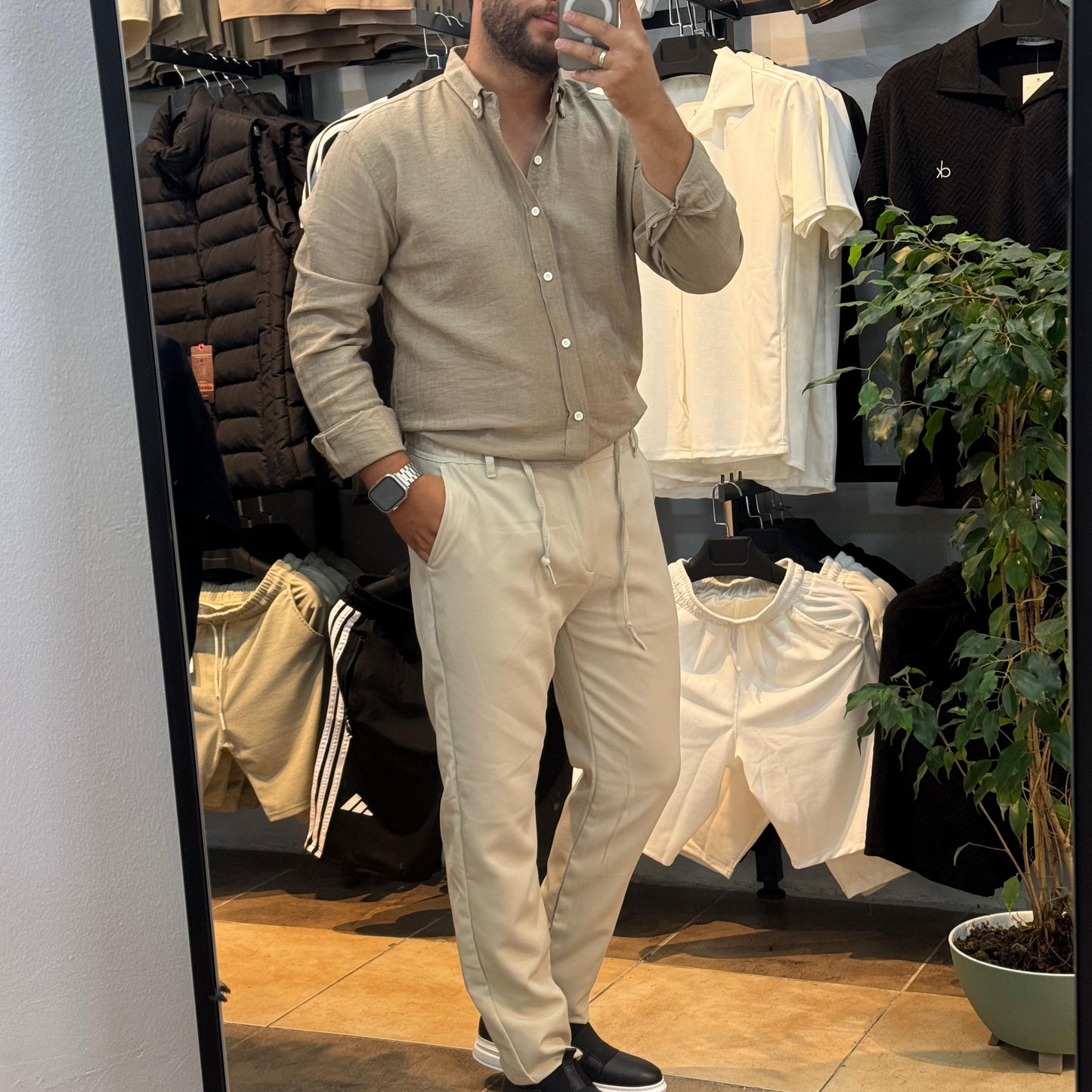 Uzun Kol Bej Keten Gömlek