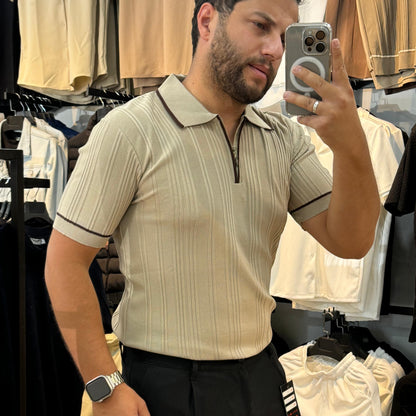 Kahve Detay Yakalı Triko Tişört