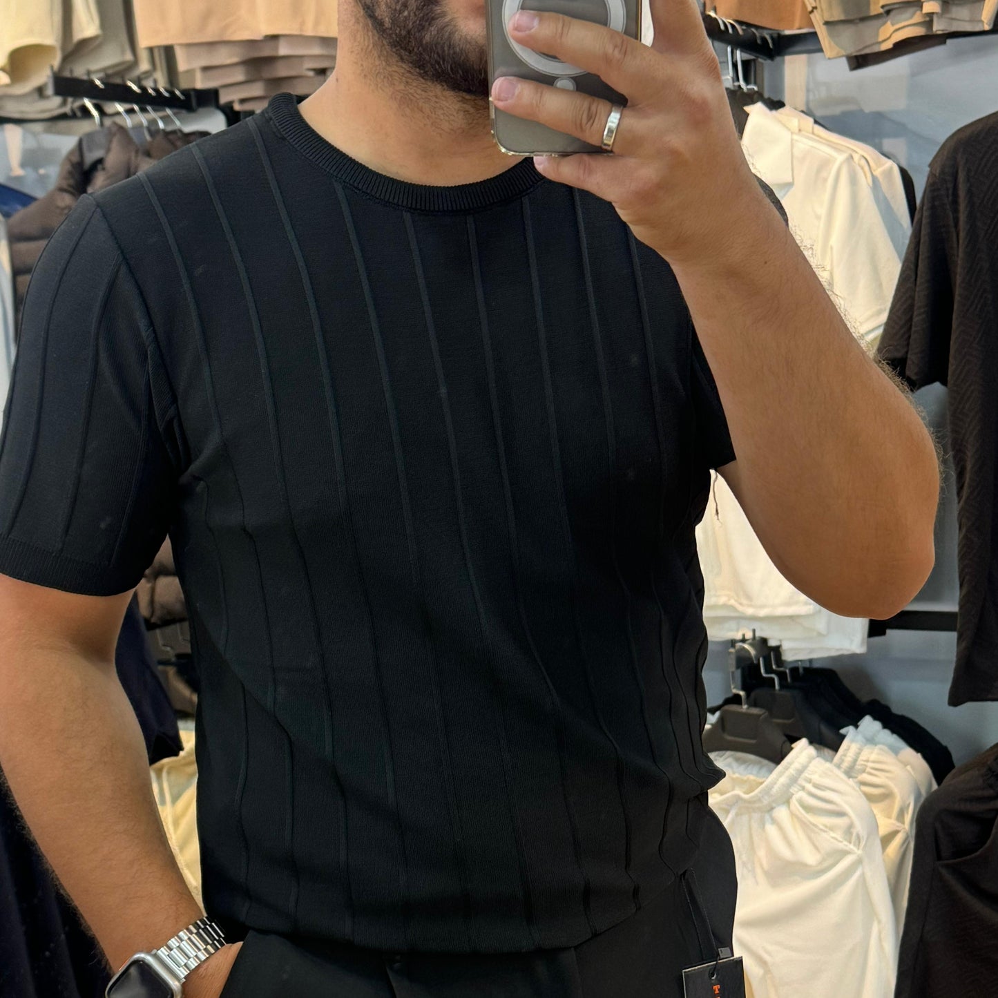 Pileli Triko Tişört Siyah