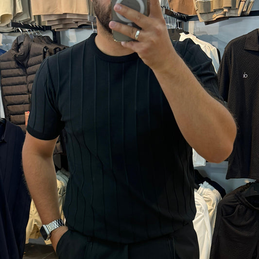 Pileli Triko Tişört Siyah