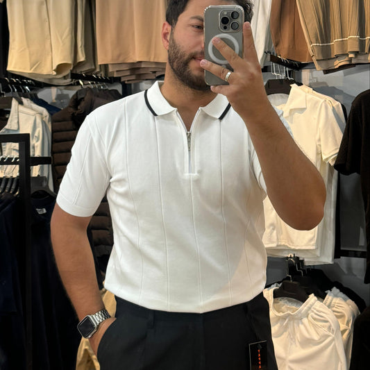 Yakalı Triko Tişört Beyaz