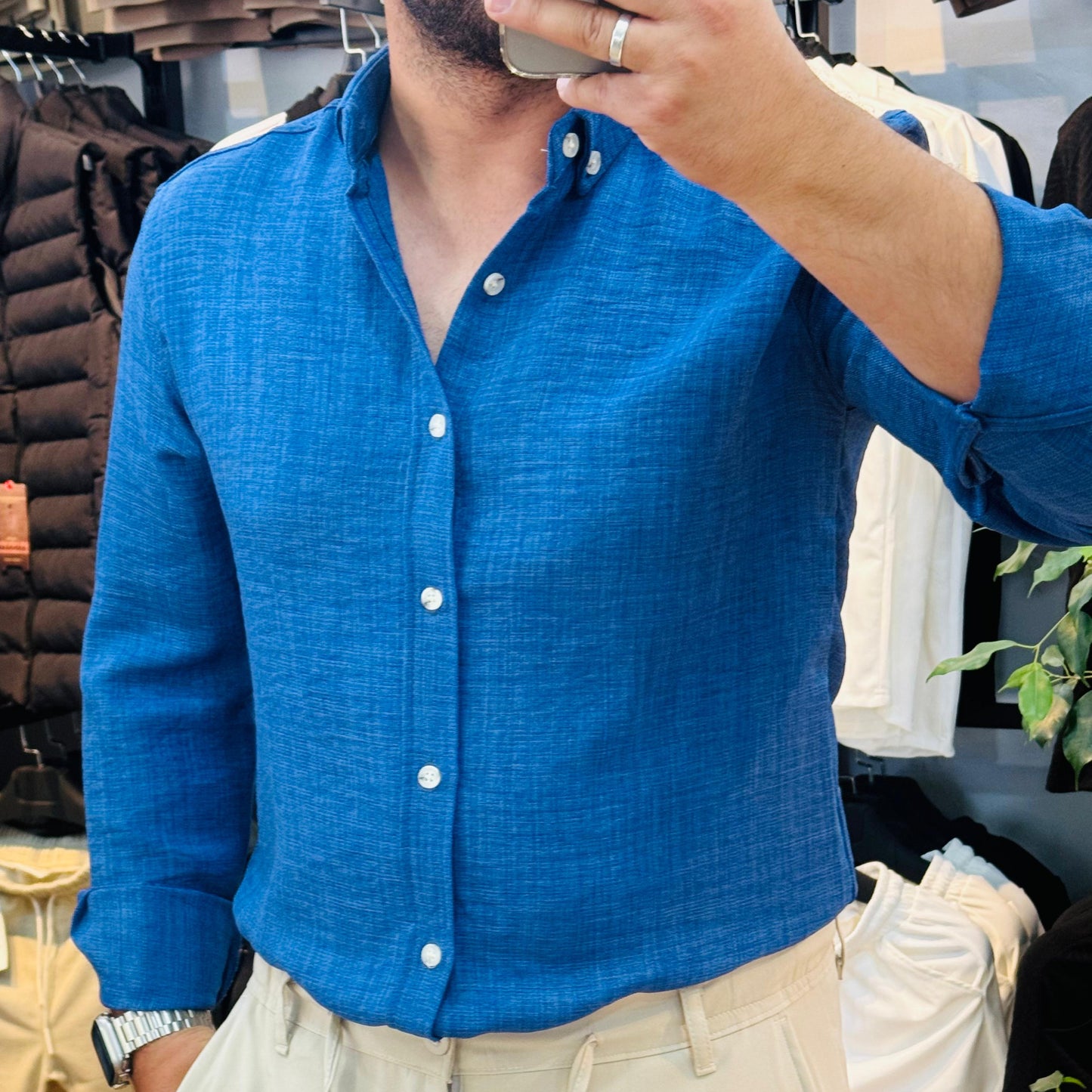 Uzun Kol Mavi Keten Gömlek