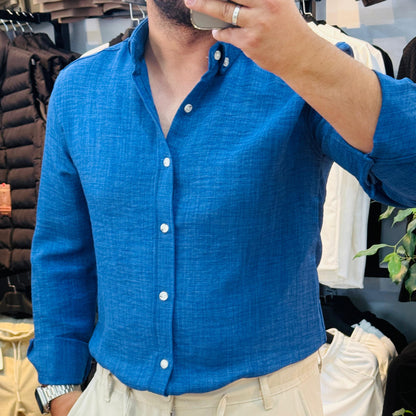 Uzun Kol Mavi Keten Gömlek