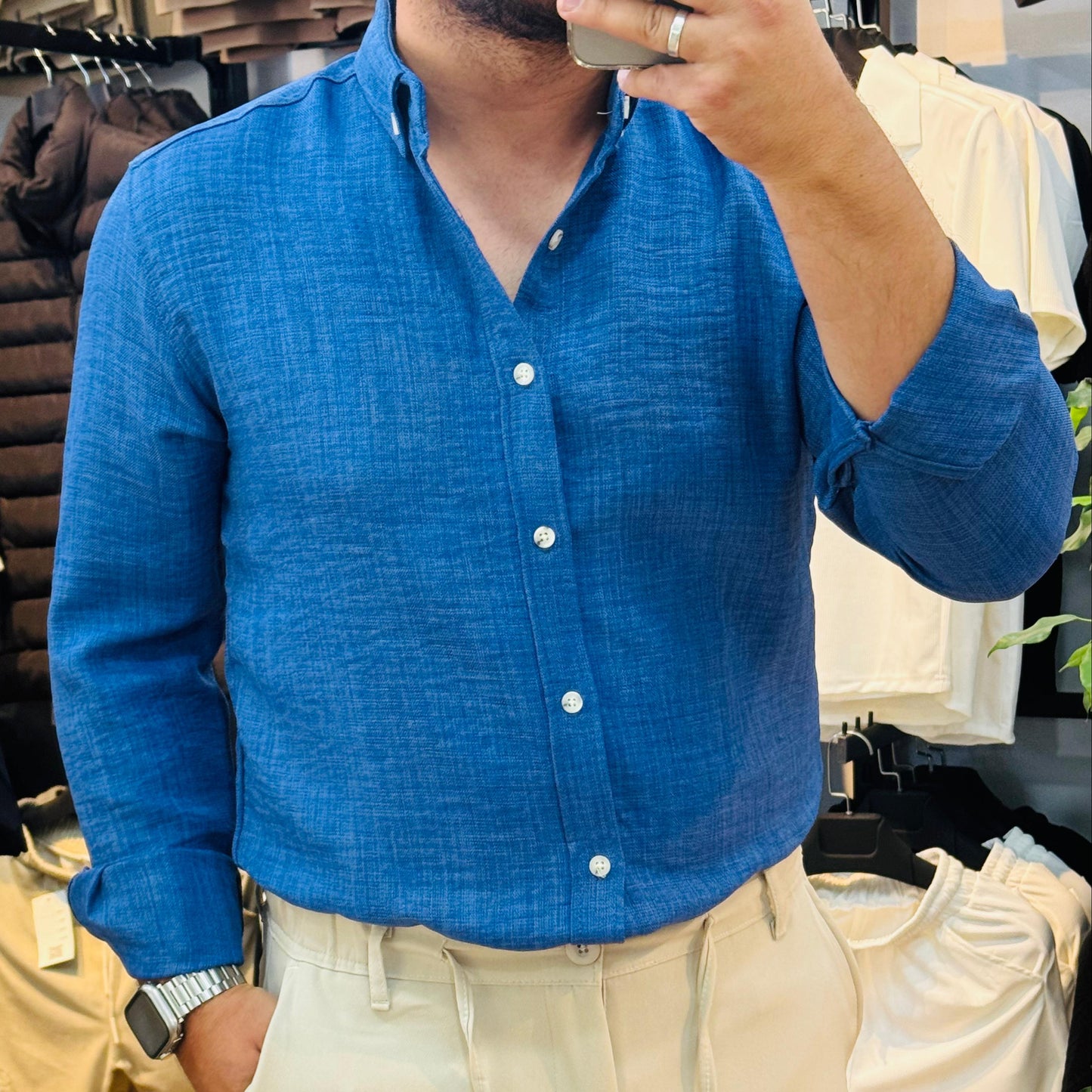 Uzun Kol Mavi Keten Gömlek