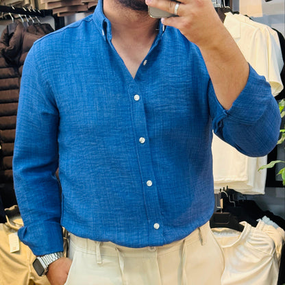 Uzun Kol Mavi Keten Gömlek