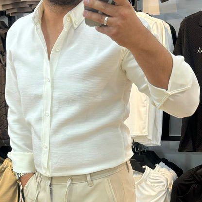 Uzun Kol Beyaz Keten Gömlek