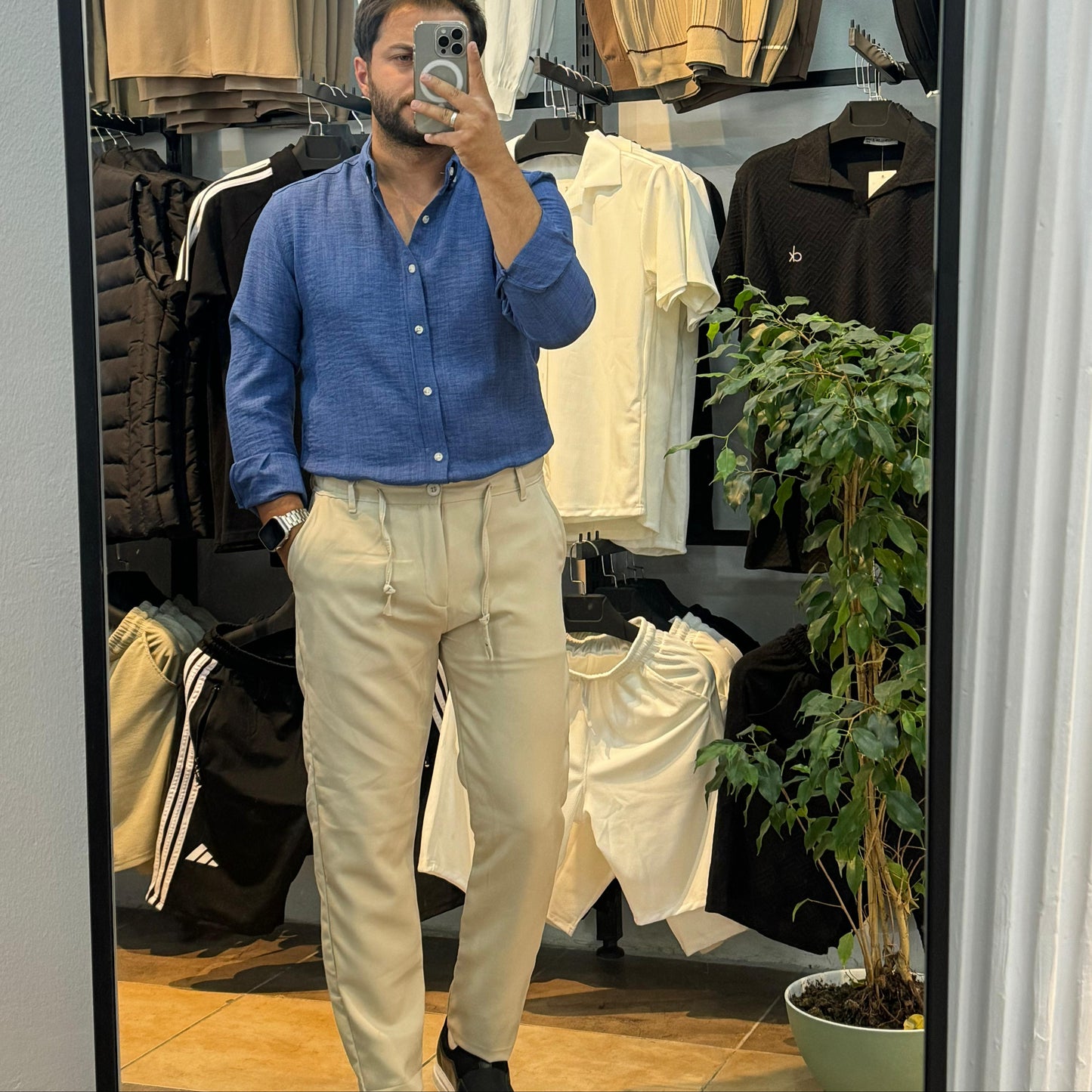 Uzun Kol Mavi Keten Gömlek