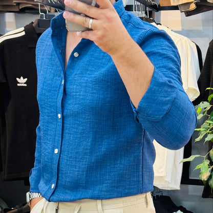 Uzun Kol Mavi Keten Gömlek