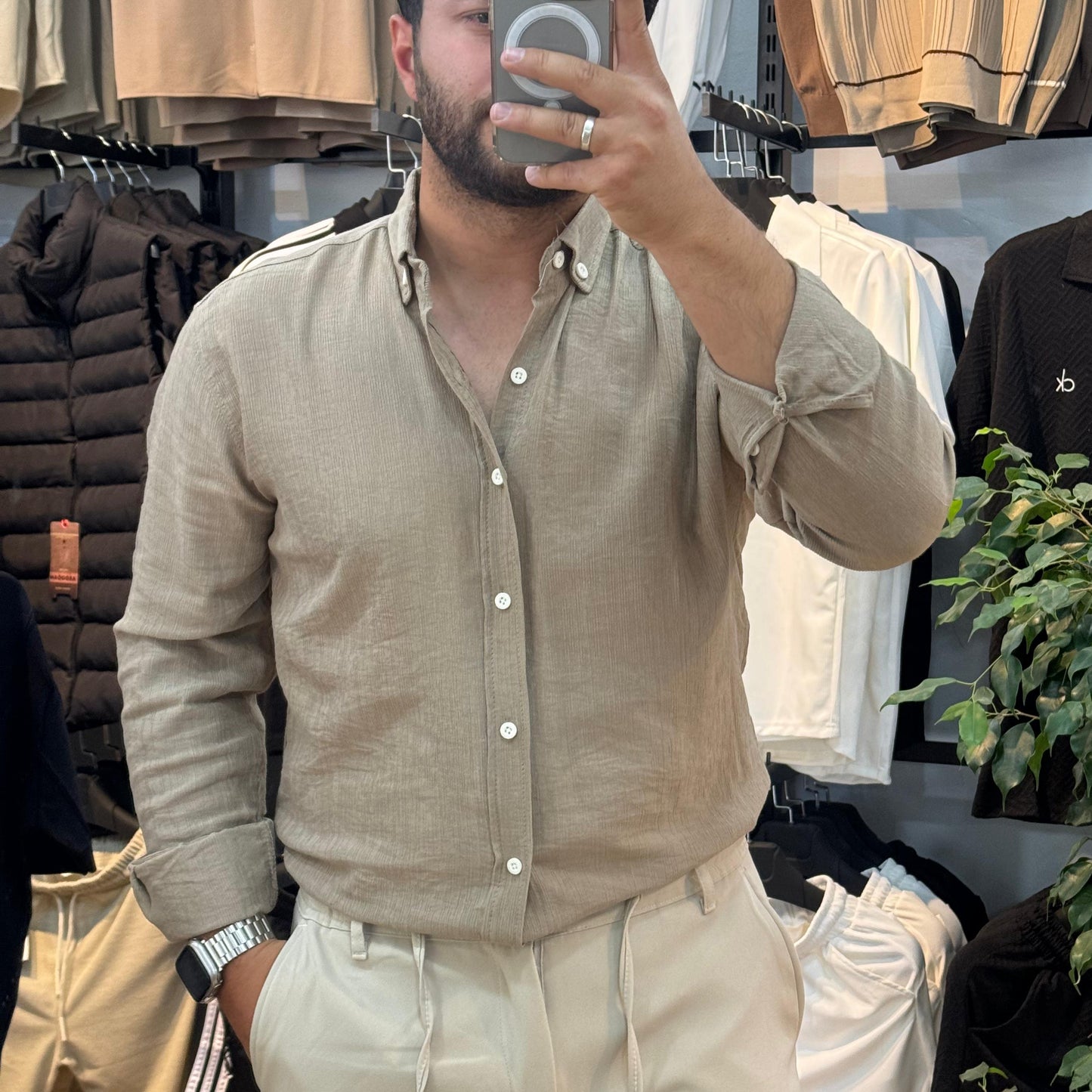 Uzun Kol Bej Keten Gömlek