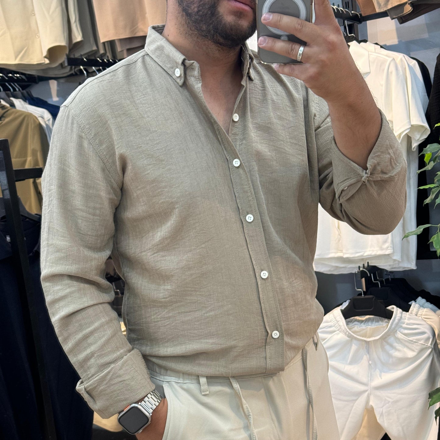 Uzun Kol Bej Keten Gömlek