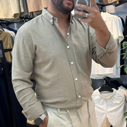 Uzun Kol Bej Keten Gömlek