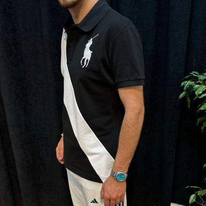 Polo Yaka Tişört Beyaz Detaylı Siyah