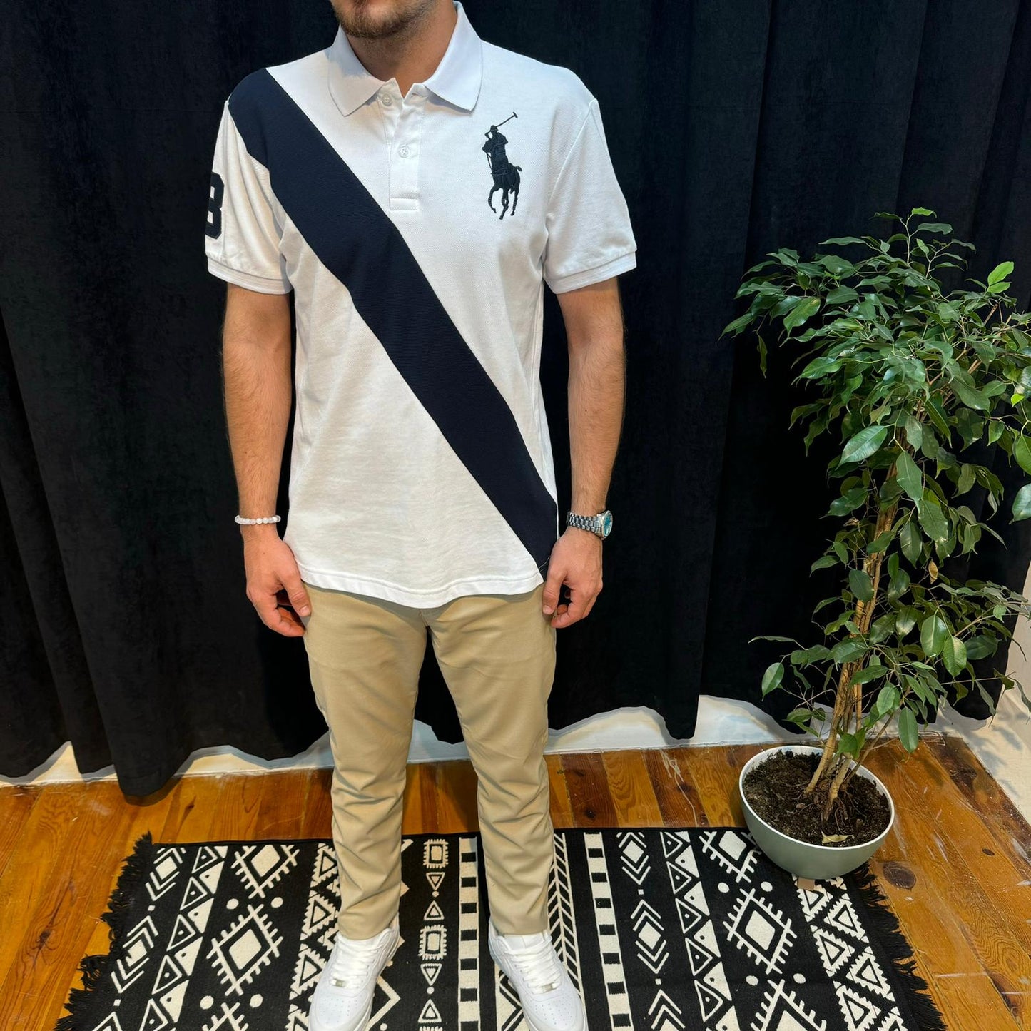 Polo Yaka Tişört Lacivert Detaylı Beyaz