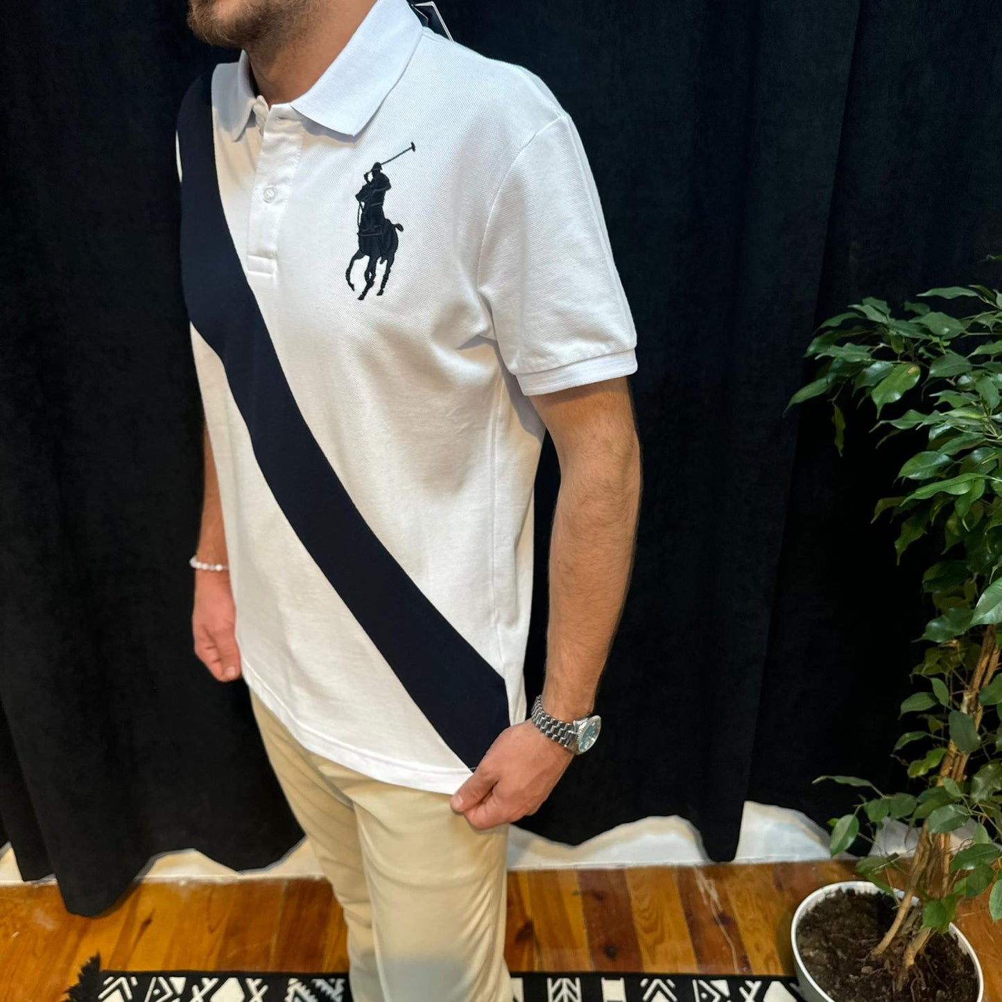 Polo Yaka Tişört Lacivert Detaylı Beyaz