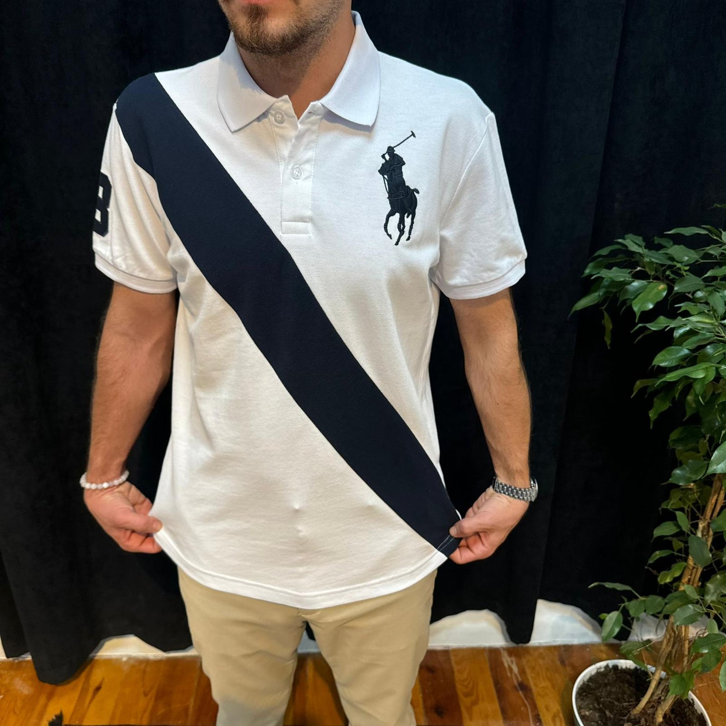 Polo Yaka Tişört Lacivert Detaylı Beyaz