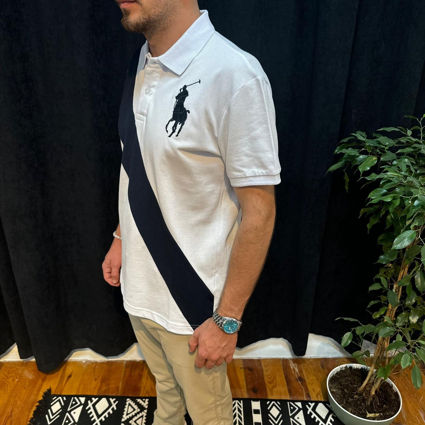 Polo Yaka Tişört Lacivert Detaylı Beyaz