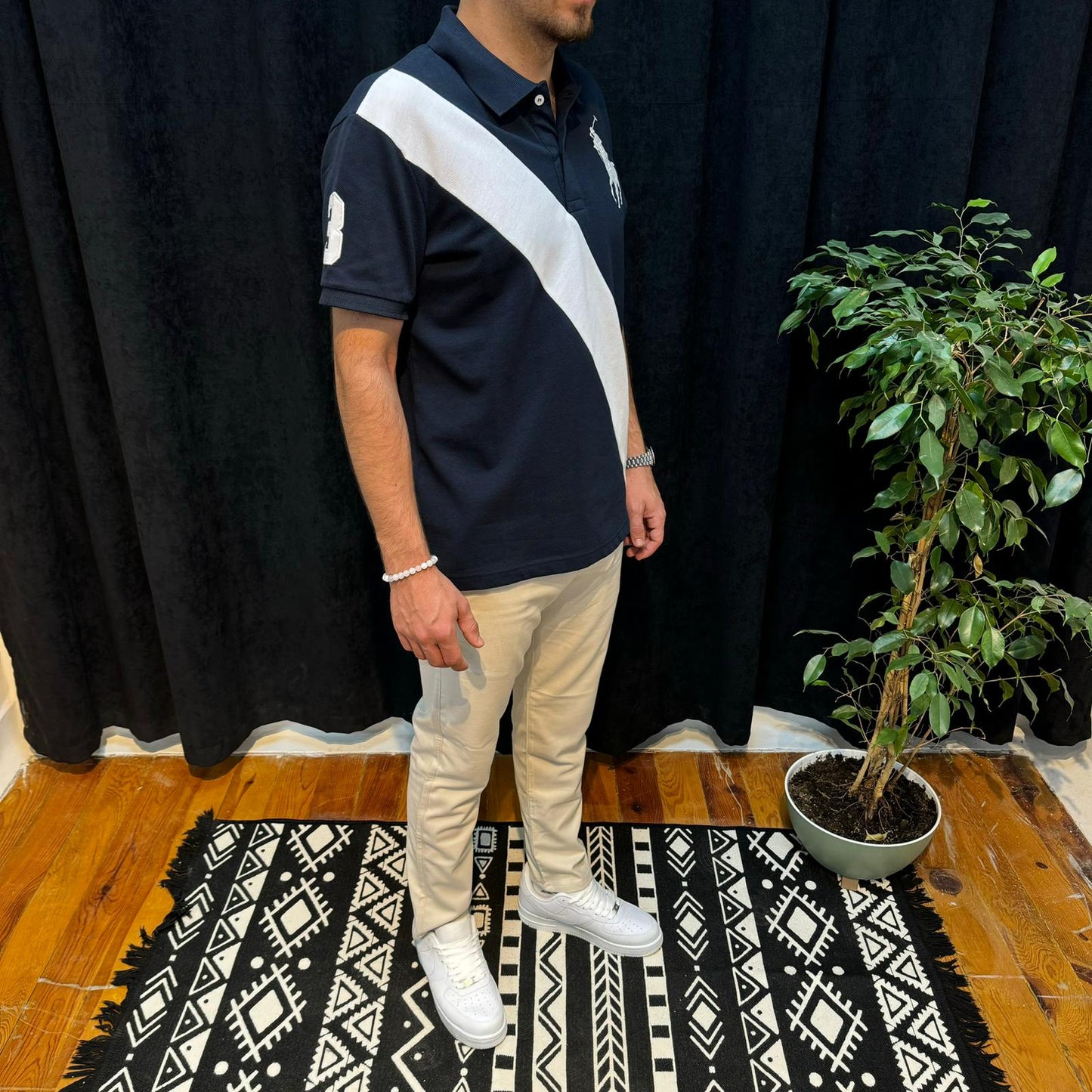 Polo Yaka Tişört Beyaz Detaylı Lacivert