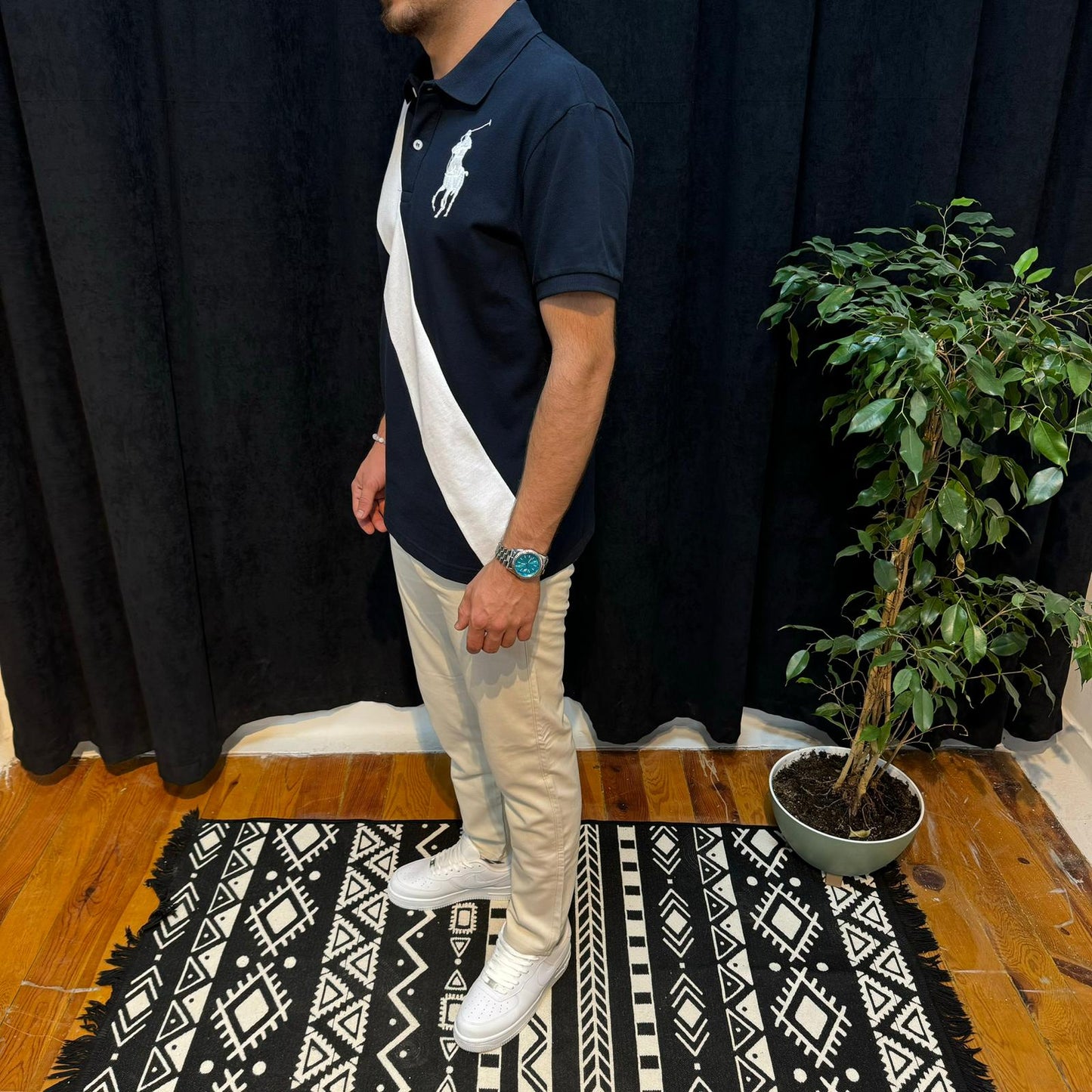 Polo Yaka Tişört Beyaz Detaylı Lacivert