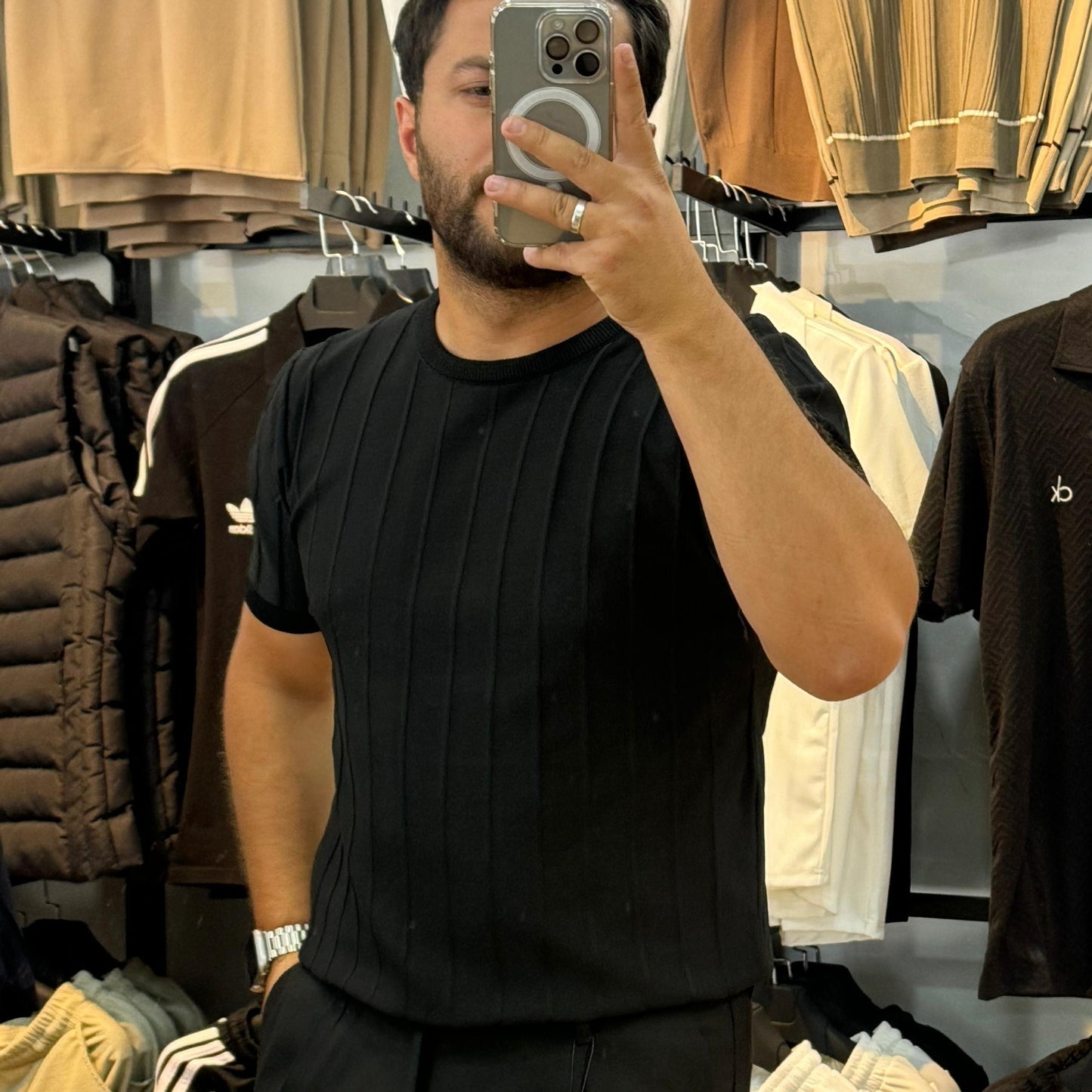 Pileli Triko Tişört Siyah