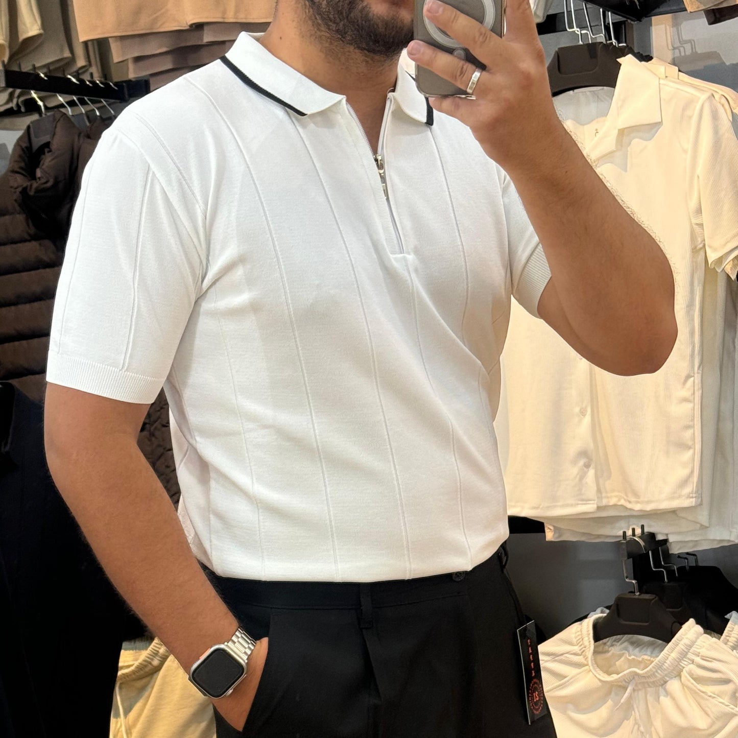 Yakalı Triko Tişört Beyaz