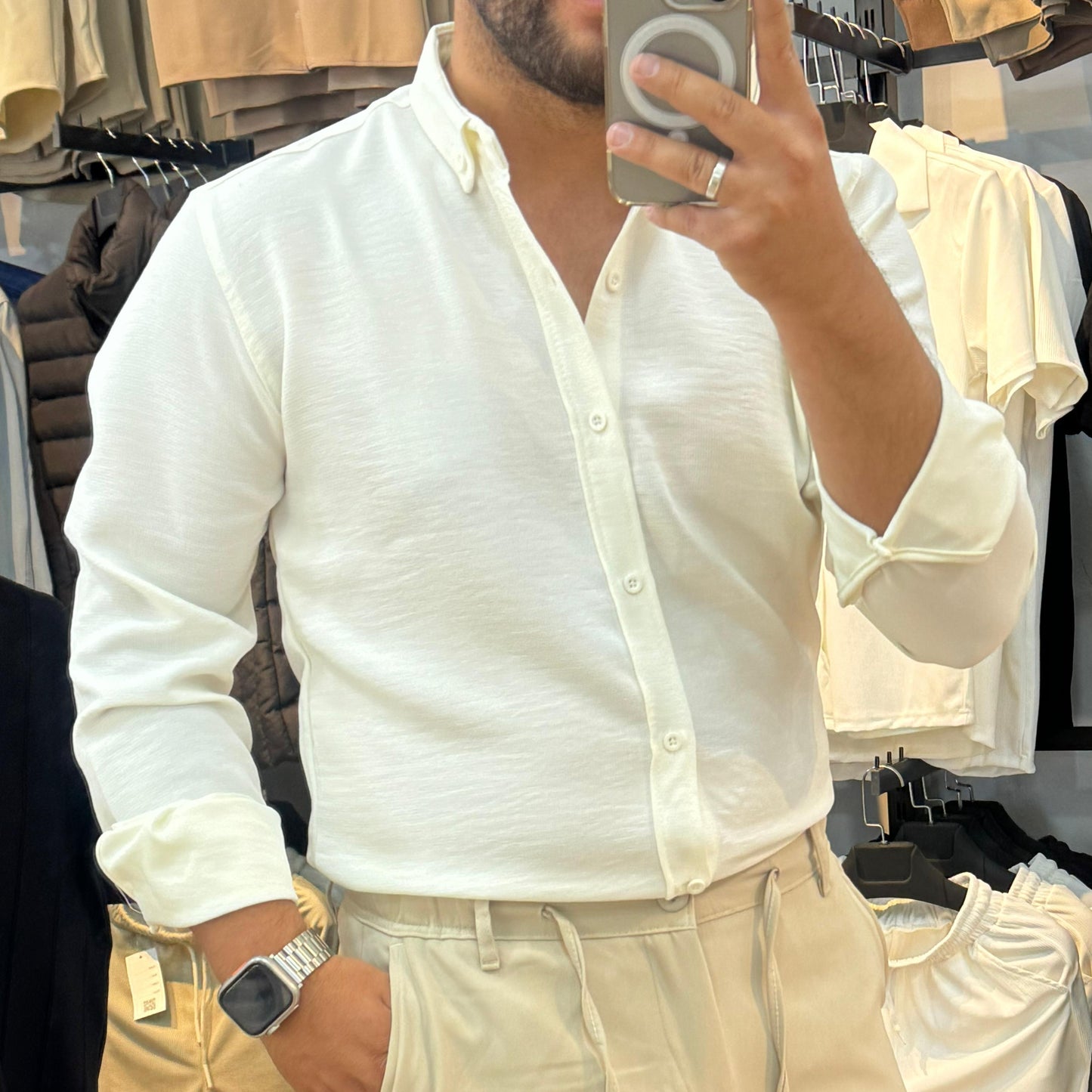 Uzun Kol Beyaz Keten Gömlek