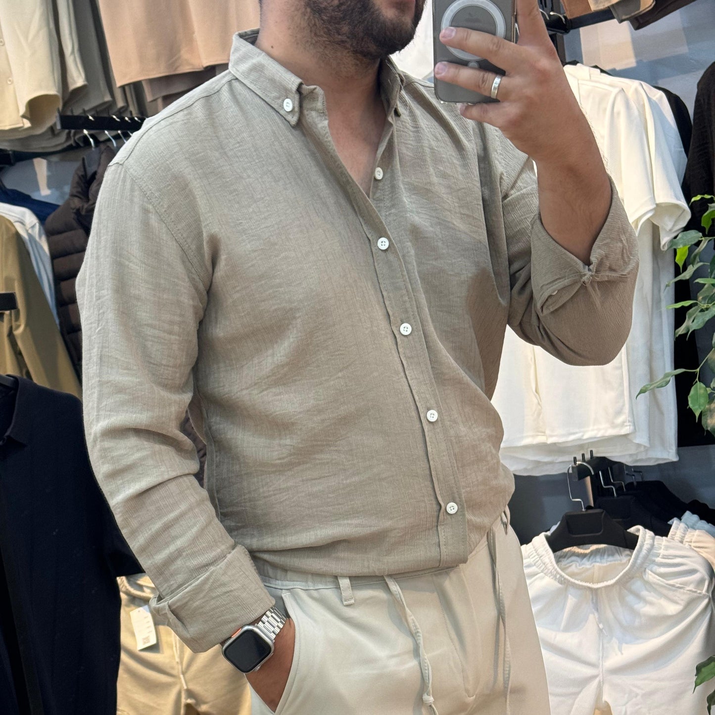 Uzun Kol Bej Keten Gömlek