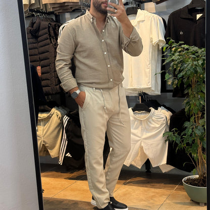 Uzun Kol Bej Keten Gömlek